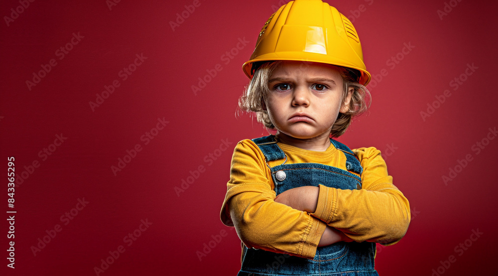 Portrait of a young boy in a yellow hard hat and overalls against a vibrant red background, Portrait of a young boy in a yellow hard hat and overalls against a vibrant red background,