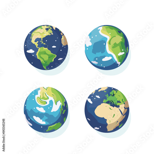 4 cartoon earths clip art, vectorized flat design, white background, blue and green color scheme, vector style, earth globe clipart set
