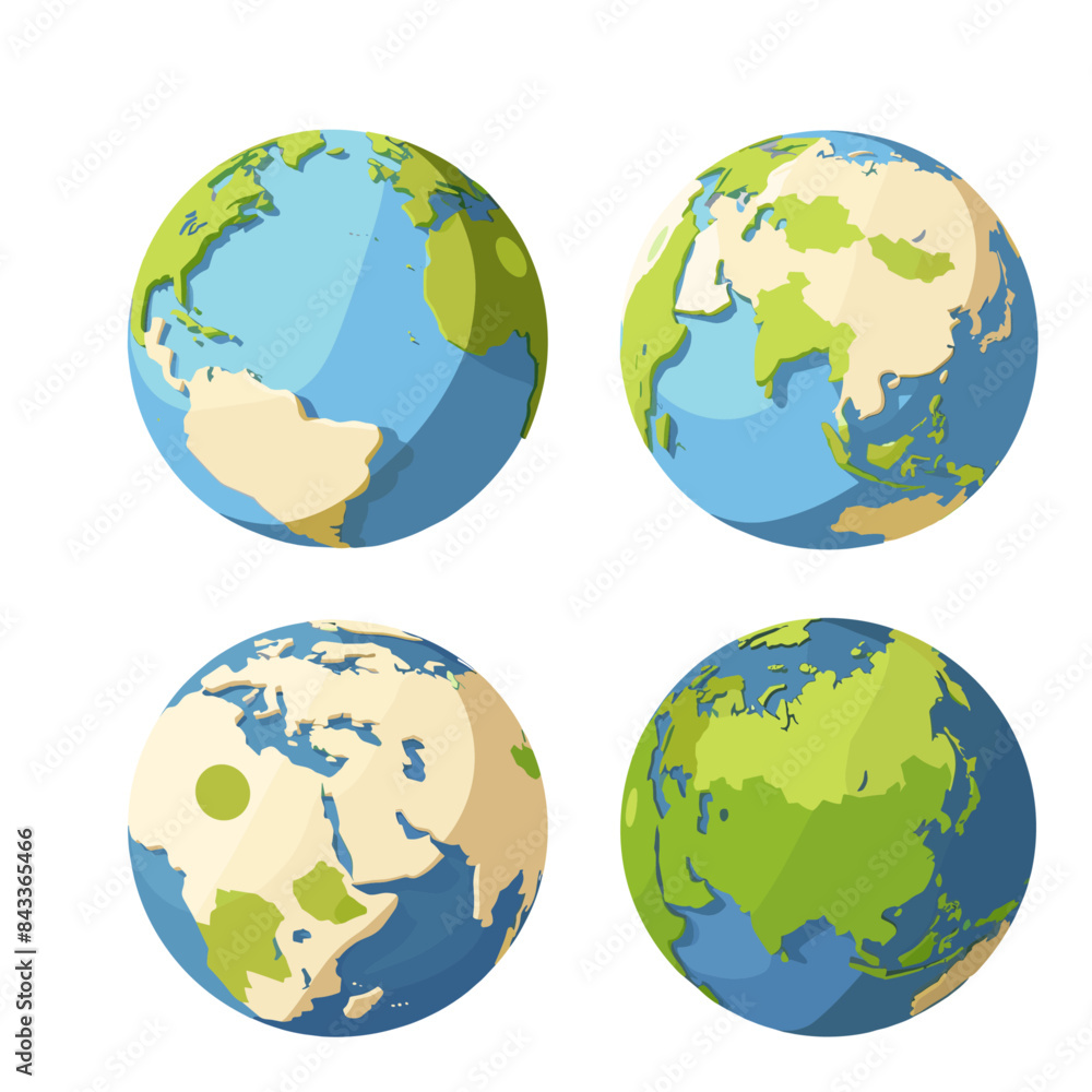 four cartoon style earths in different positions, vector graphics, flat design, white background, blue and green colors, vector graphics four cartoon style earths in different positions, vector graphics, flat design, white background, blue and green colors, vector graphics