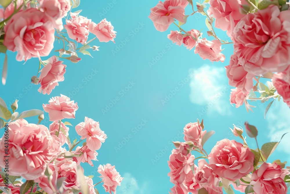Beautiful pink roses against a clear blue sky, capturing the essence of a sunny day and vibrant springtime blooms.