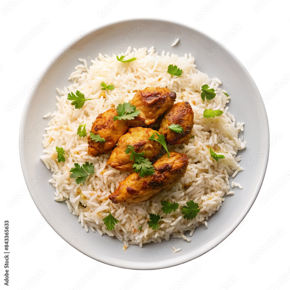 Chicken with basmati rice on a plate top view Isolated on transparent background Chicken with basmati rice on a plate top view Isolated on transparent background