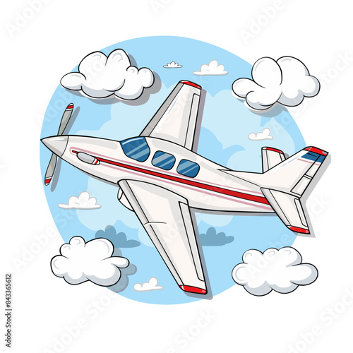 A cartoon plane vector icon, simple flat style with red and white color scheme, flying in the sky, surrounded by clouds, cartoon style