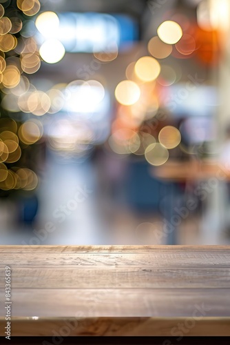 Blurred bokeh lights in the background with a wooden table in the foreground, creating a warm and festive atmosphere.