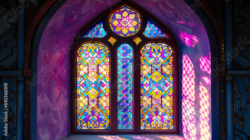 A room with stained glass windows and a blue door