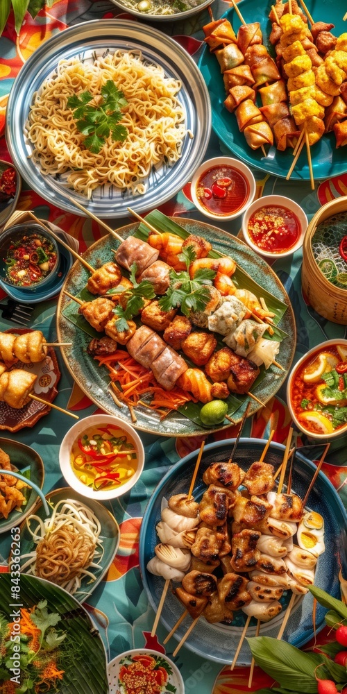 Fototapeta premium Autumn Feast Editorial Diverse Group of Friends Enjoying a Colorful Fall Picnic with a Variety of Dishes on a Bright Pastel Tablecloth