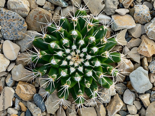 Cactus with sharp thorns growing in the desert, top view