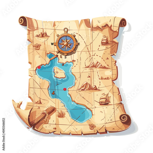 cartoon treasure map with island, white background, game art style, flat design, simple design, cartoonish character designs