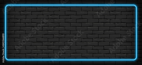 Horizontal background for smartphone. Blue neon frame on brick wall background