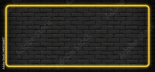 Horizontal background for smartphone. Yellow neon frame on brick wall background