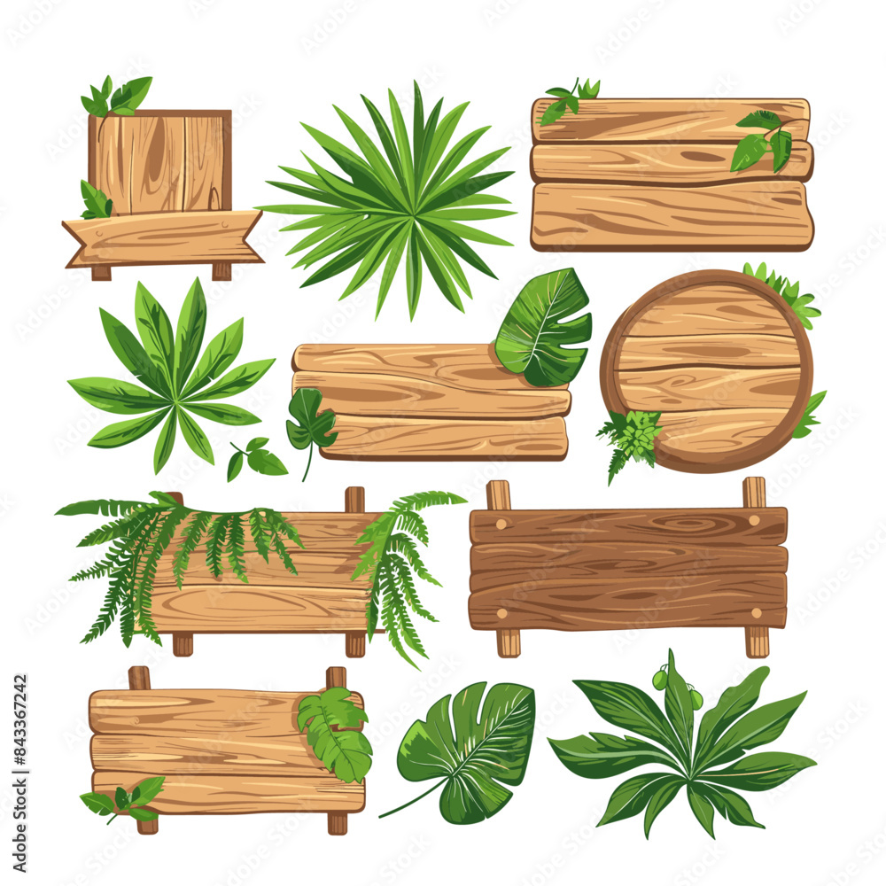 set of cartoon wooden signboards with tropical leaves, vector illustration for casual game , white background ,no shadow set of cartoon wooden signboards with tropical leaves, vector illustration for casual game , white background ,no shadow