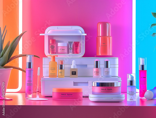 Beauty-Abo-Boxen ausgestellt auf einen modernen Schminktisch, lebendige Produktfarben, minimalistischer Stil photo
