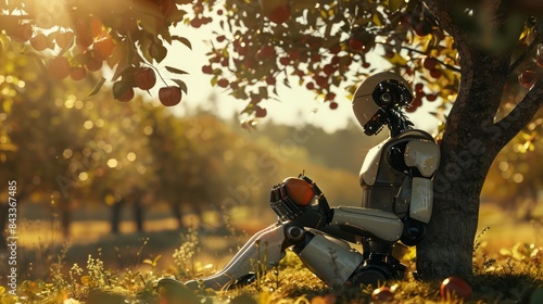 Sir Isaac Newton's Theory of Gravity, with a robot sitting under an apple tree.