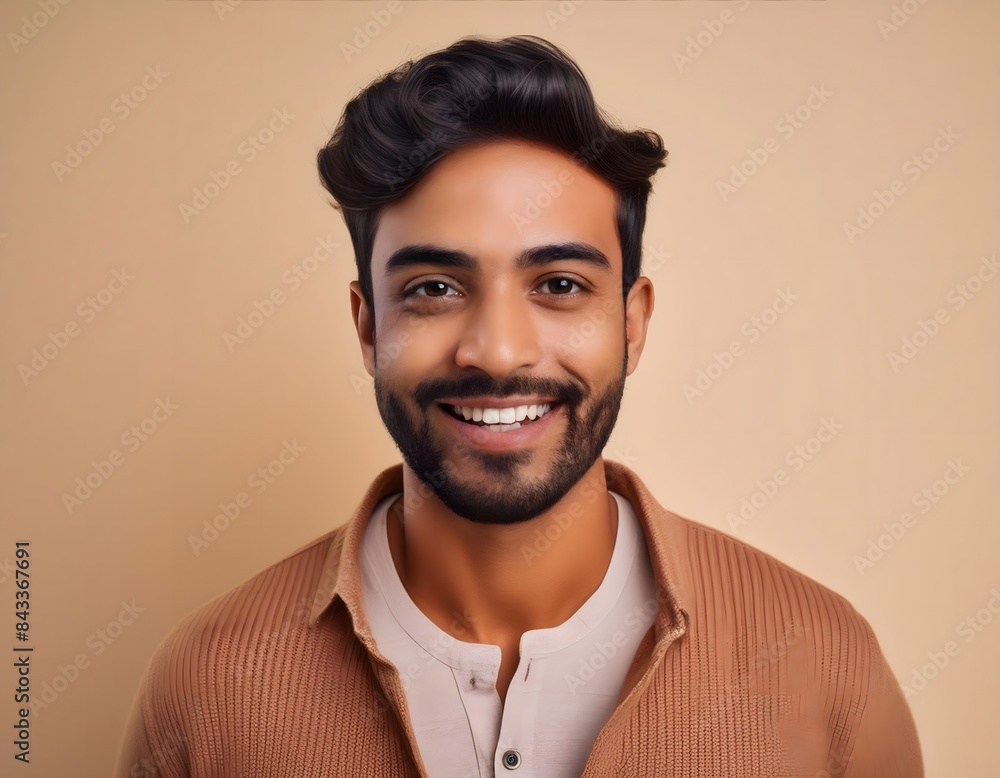 Fototapeta premium Headshot portrait of smiling young Indian man isolated on studio background