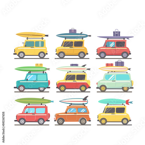 Cute cars with surfboards and luggage on the roof, flat design illustration in the style of different poses, vector graphic logo