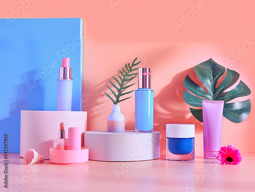 Beauty-Abo-Boxen ausgestellt auf einen modernen Schminktisch, lebendige Produktfarben, minimalistischer Stil photo