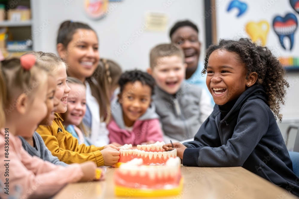 Cheerful Multicultural Children Learn About Dental Care from Dentist in Classroom During Oral Health Month Cheerful Multicultural Children Learn About Dental Care from Dentist in Classroom During Oral Health Month