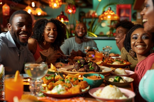 Young Multiethnic Friends Enjoying Soul Food Dinner in Warmly Lit Restaurant, Expressions of Joy