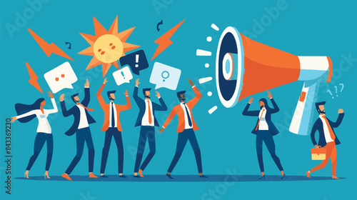 People announce advertising with megaphone vector illustration. Awareness focus loud speaker man and woman. Business banner marketing group media. Speech news promotion network leadership poster