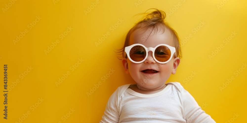 A cute happy baby wearing sunglasses on yellow background with copy space