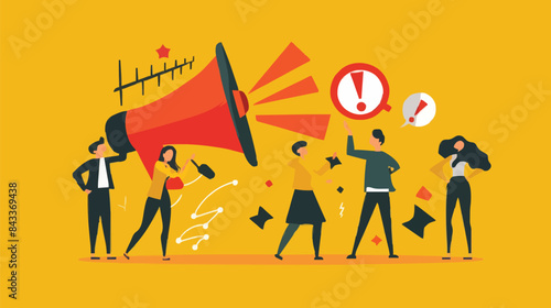 People announce advertising with megaphone vector illustration. Awareness focus loud speaker man and woman. Business banner marketing group media. Speech news promotion network leadership poster