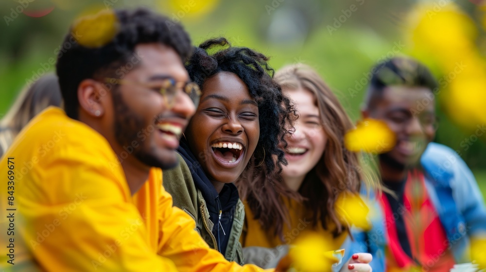 Fototapeta premium Joyful Diverse Friends Laughing Together at a Vibrant Picnic in the Park, Celebrating International Day of Friendship