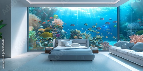 elegant interior decoration and clean design, luxury, large bay window with underwater view, corals, hundreds of colourful fish photo