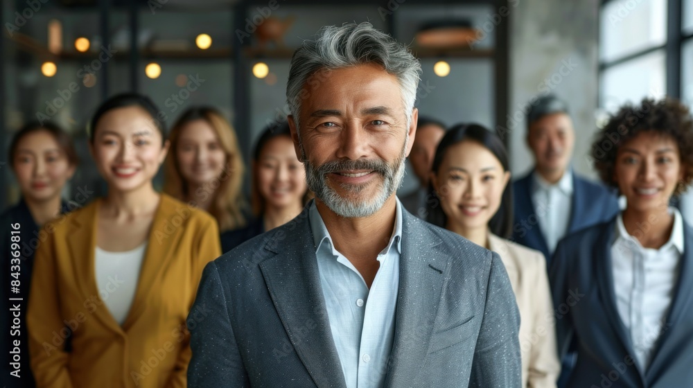 A mature man with a gray beard smiles confidently, surrounded by a group of diverse colleagues in a modern office setting A mature man with a gray beard smiles confidently, surrounded by a group of diverse colleagues in a modern office setting
