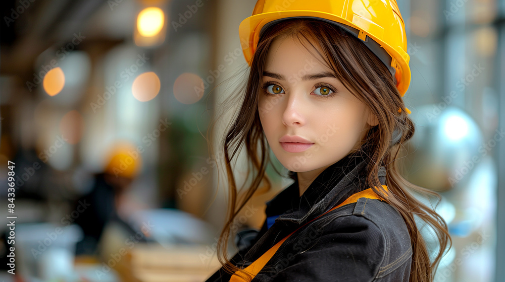 A woman wearing a yellow hard hat and a black jacket. She is smiling and looking directly at the camera A woman wearing a yellow hard hat and a black jacket. She is smiling and looking directly at the camera