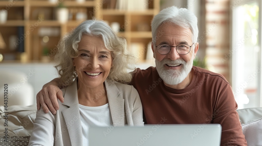 An elderly couple sits together on a couch, smiling and looking at a laptop, enjoying a video chat in their home An elderly couple sits together on a couch, smiling and looking at a laptop, enjoying a video chat in their home