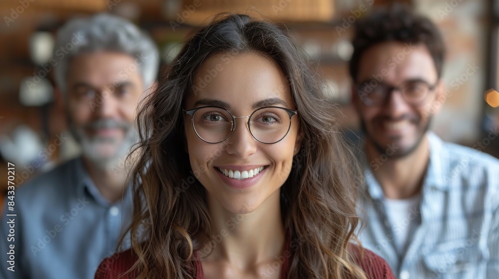 A woman with glasses smiles brightly, her joy radiating outward, while two men in the background remain out of focus A woman with glasses smiles brightly, her joy radiating outward, while two men in the background remain out of focus