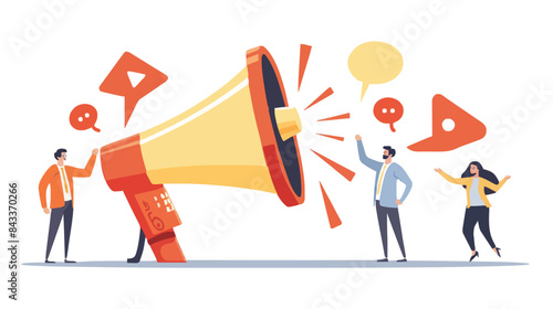 People announce advertising with megaphone vector illustration. Awareness focus loud speaker man and woman. Business banner marketing group media. Speech news promotion network leadership poster