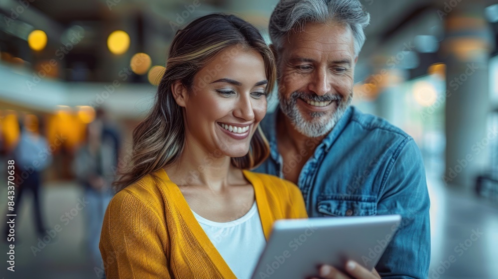A couple smiles and looks at a tablet together in a modern office setting