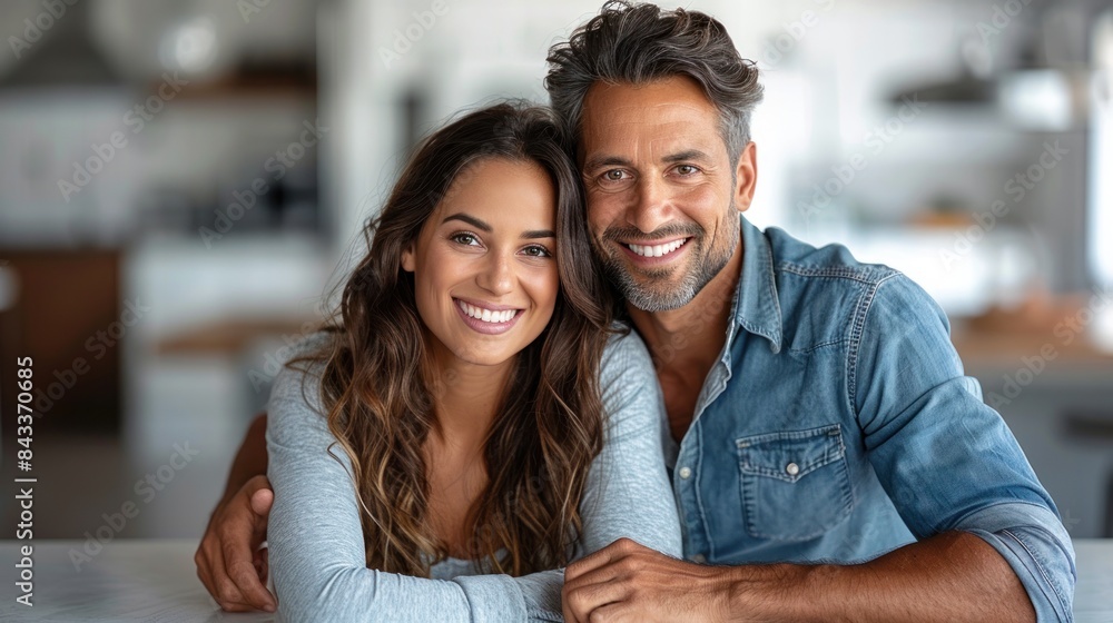 A happy couple sits together, smiling brightly at the camera A happy couple sits together, smiling brightly at the camera