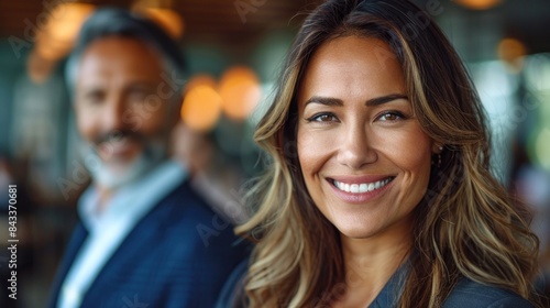 Wallpaper Mural A woman with long brown hair smiles warmly at the camera in a cafe setting Torontodigital.ca