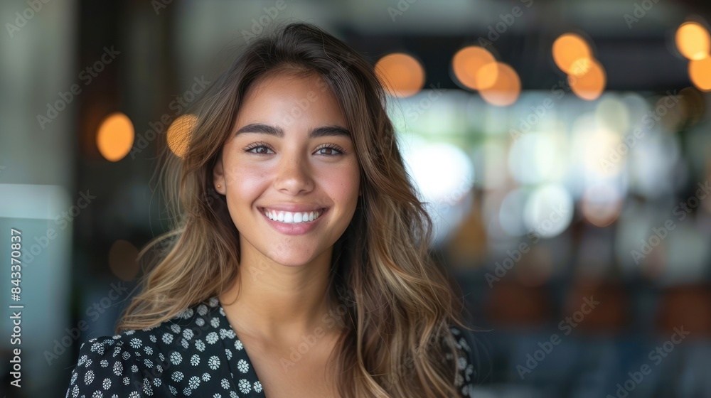 A young woman smiles and looks directly at the camera in a cafe A young woman smiles and looks directly at the camera in a cafe