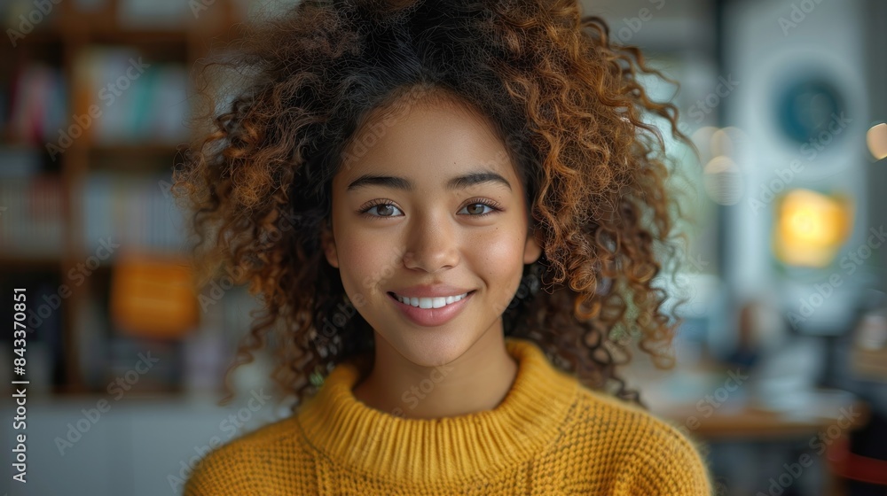 A young woman with curly hair smiles at the camera A young woman with curly hair smiles at the camera