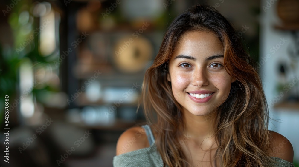 A young woman smiles brightly while standing in a cafe A young woman smiles brightly while standing in a cafe