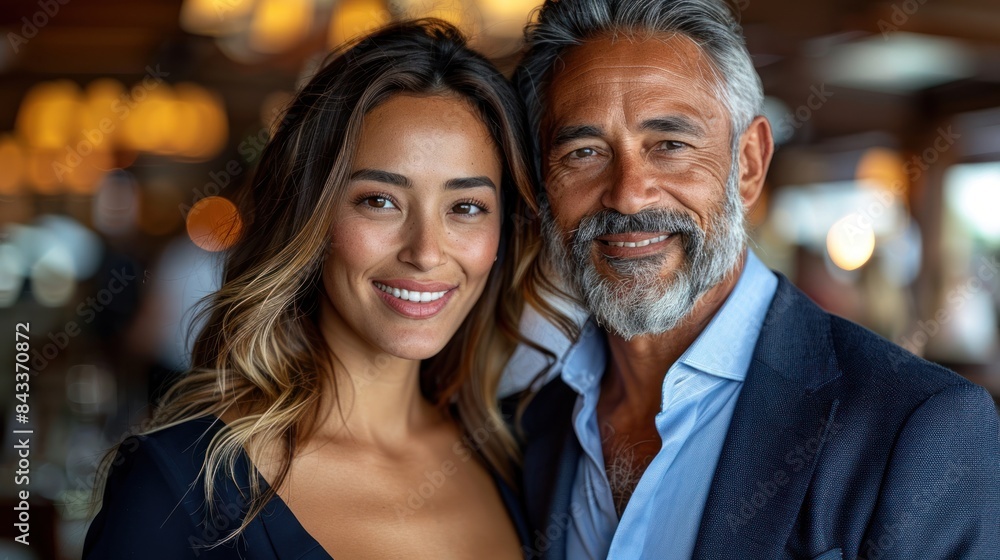 A man and woman stand close, smiling warmly at the camera A man and woman stand close, smiling warmly at the camera