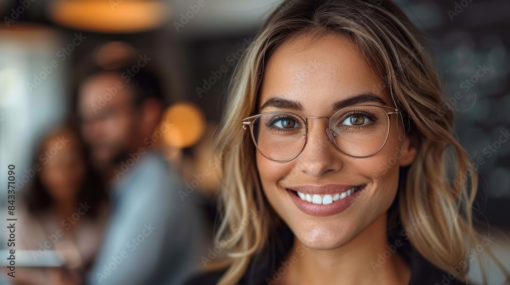 A woman in round glasses smiles warmly, her blonde hair cascading around her shoulders A woman in round glasses smiles warmly, her blonde hair cascading around her shoulders