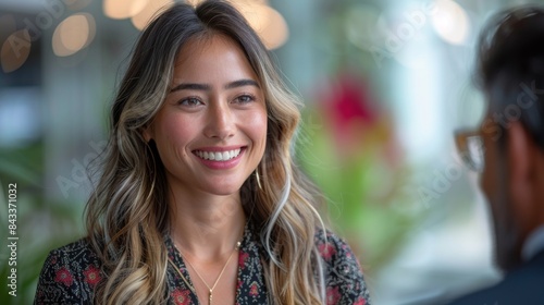Wallpaper Mural A woman with long blonde hair smiles warmly while engaging in conversation with someone off-camera Torontodigital.ca