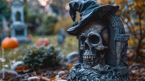 Creepy Skull with Witch Hat in Graveyard photo