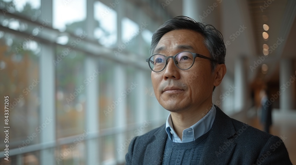 A man in glasses looks thoughtfully out a window in an office building A man in glasses looks thoughtfully out a window in an office building