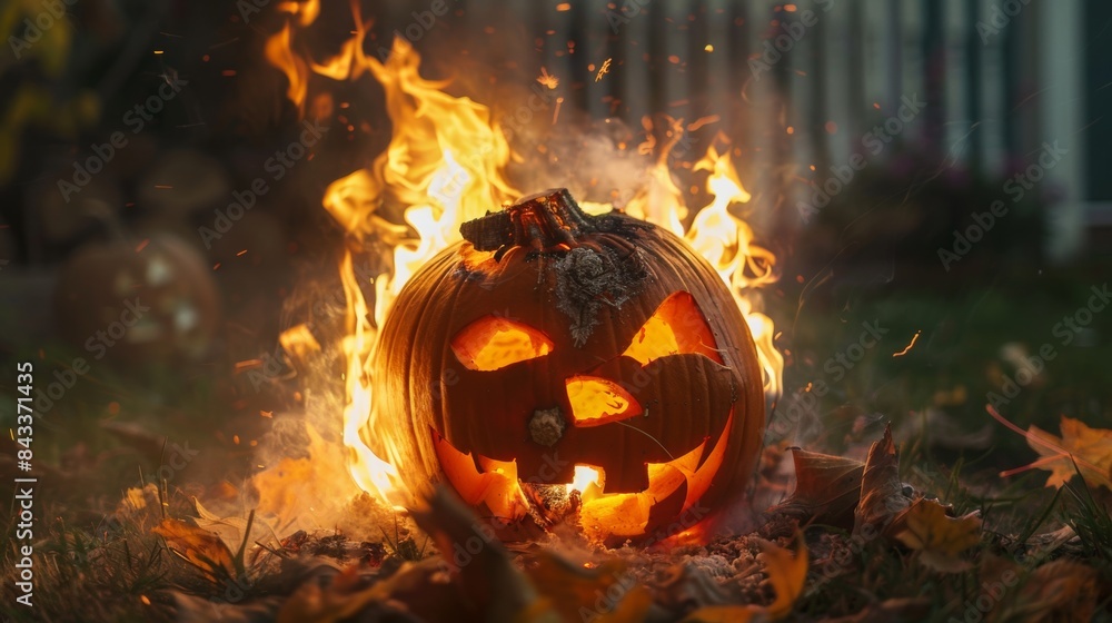 Naklejka premium Jack-O'-Lantern Burning in a Fire