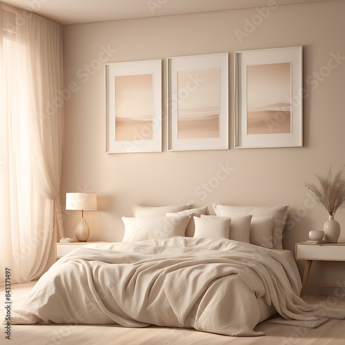 Mockup white empty frame in light cozy and simple bedroom interior background, 3d render