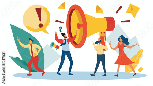 People announce advertising with megaphone vector illustration. Awareness focus loud speaker man and woman. Business banner marketing group media. Speech news promotion network leadership poster