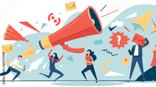 People announce advertising with megaphone vector illustration. Awareness focus loud speaker man and woman. Business banner marketing group media. Speech news promotion network leadership poster
