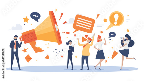 People announce advertising with megaphone vector illustration. Awareness focus loud speaker man and woman. Business banner marketing group media. Speech news promotion network leadership poster