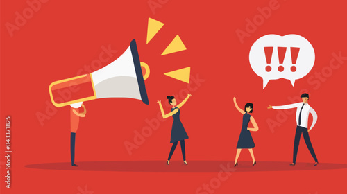 People announce advertising with megaphone vector illustration. Awareness focus loud speaker man and woman. Business banner marketing group media. Speech news promotion network leadership poster