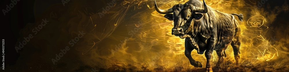 Obraz premium A bull is running through a field of gold dust