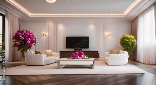 Spacious living room interior with sofa and colorful pillows.